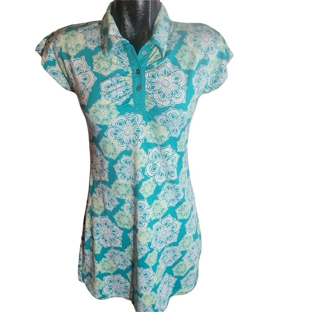 Lola Floral Patterned Teal And White Activewear Golf Tennis Dress XS
